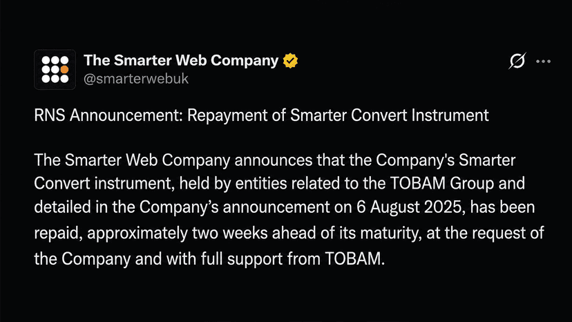 Bitcoin Treasury Firm Smarter Web Sells 177 BTC in Early Debt Repayment Move