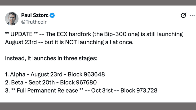 Bitcoin’s ECX Hard Fork Splinters Into 3 Launches Through October