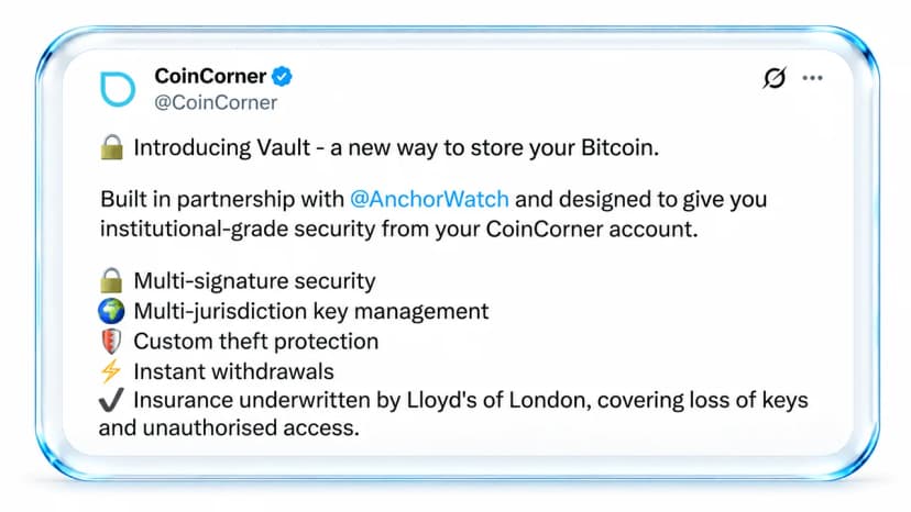 Coincorner, Anchorwatch Roll out Bitcoin Custody With Lloyd’s Insurance