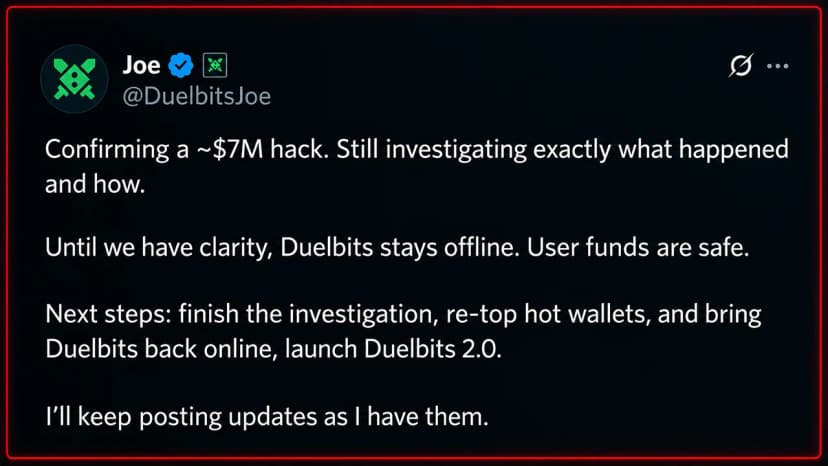 Crypto Casino Duelbits Hit With $7M Hack, Taken Offline