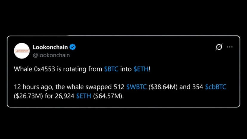 Whale Sells 866 BTC for 26,924 ETH Hours Before Bitcoin Price Tanked